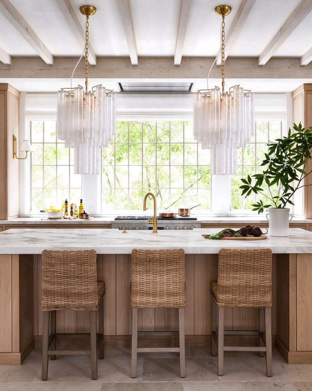 Modern Brass Ice Rod Chandeliers in Bright Kitchen Setting
