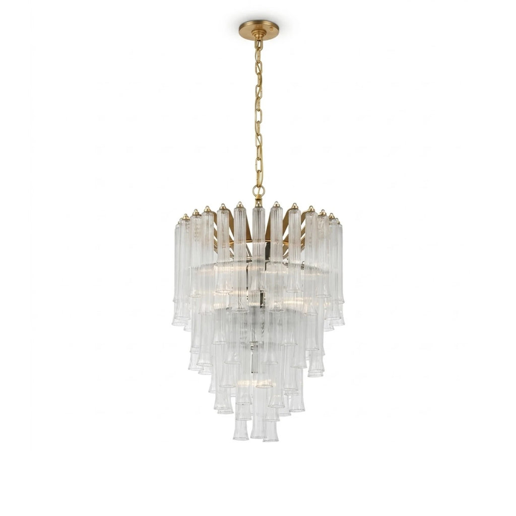 Modern Brass and Multi-Tier Fluted Art Glass Chandelier with Gold Canopy on Pure White Background
