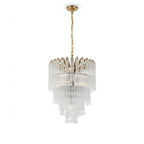 Modern Brass and Multi-Tier Fluted Art Glass Chandelier with Gold Canopy on Pure White Background