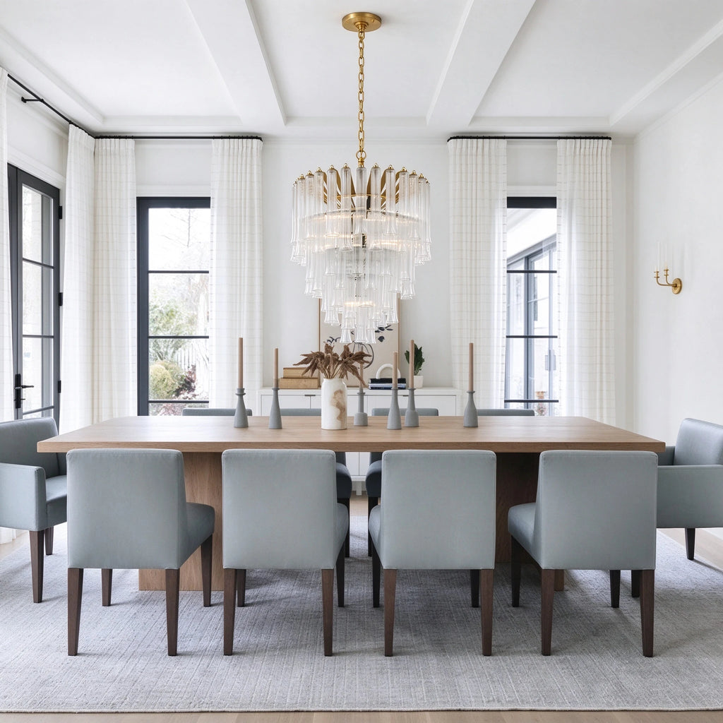 Modern Multi-Tier Fluted Art Glass Chandelier in Bright Dining Room