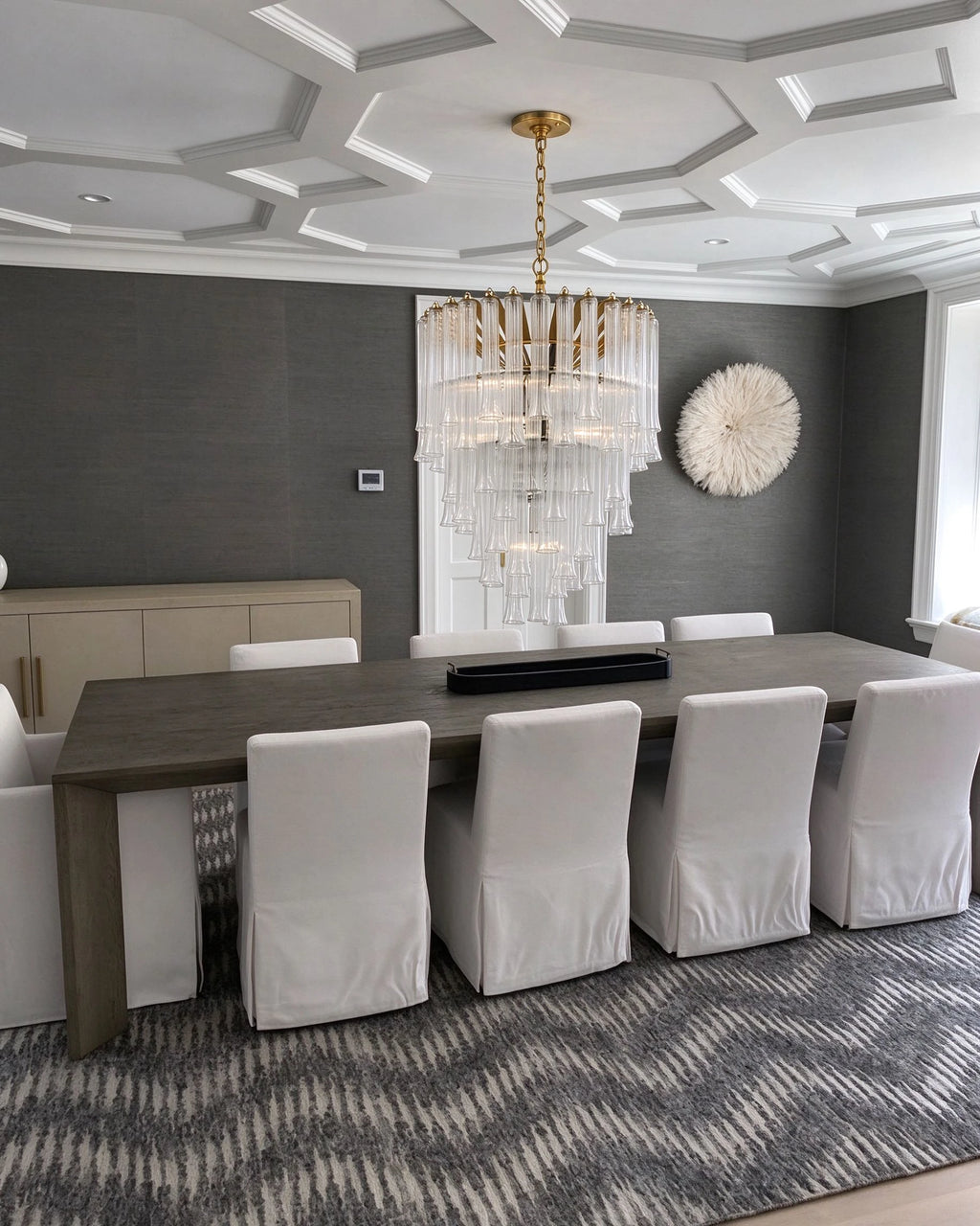 Modern Brass Multi-Tier Chandelier in Contemporary Dining Area