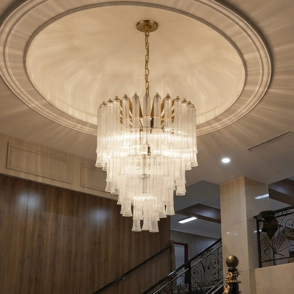 Modern Multi-Tier Fluted Art Glass Chandelier in High Ceiling Living Room