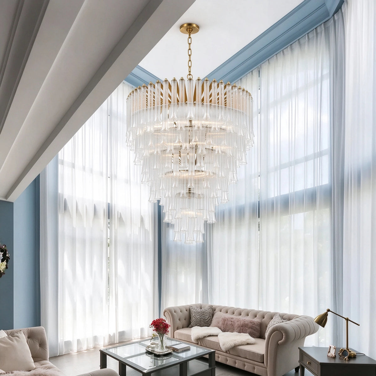 Modern Brass Multi-Tier Chandelier in Grand Living Space