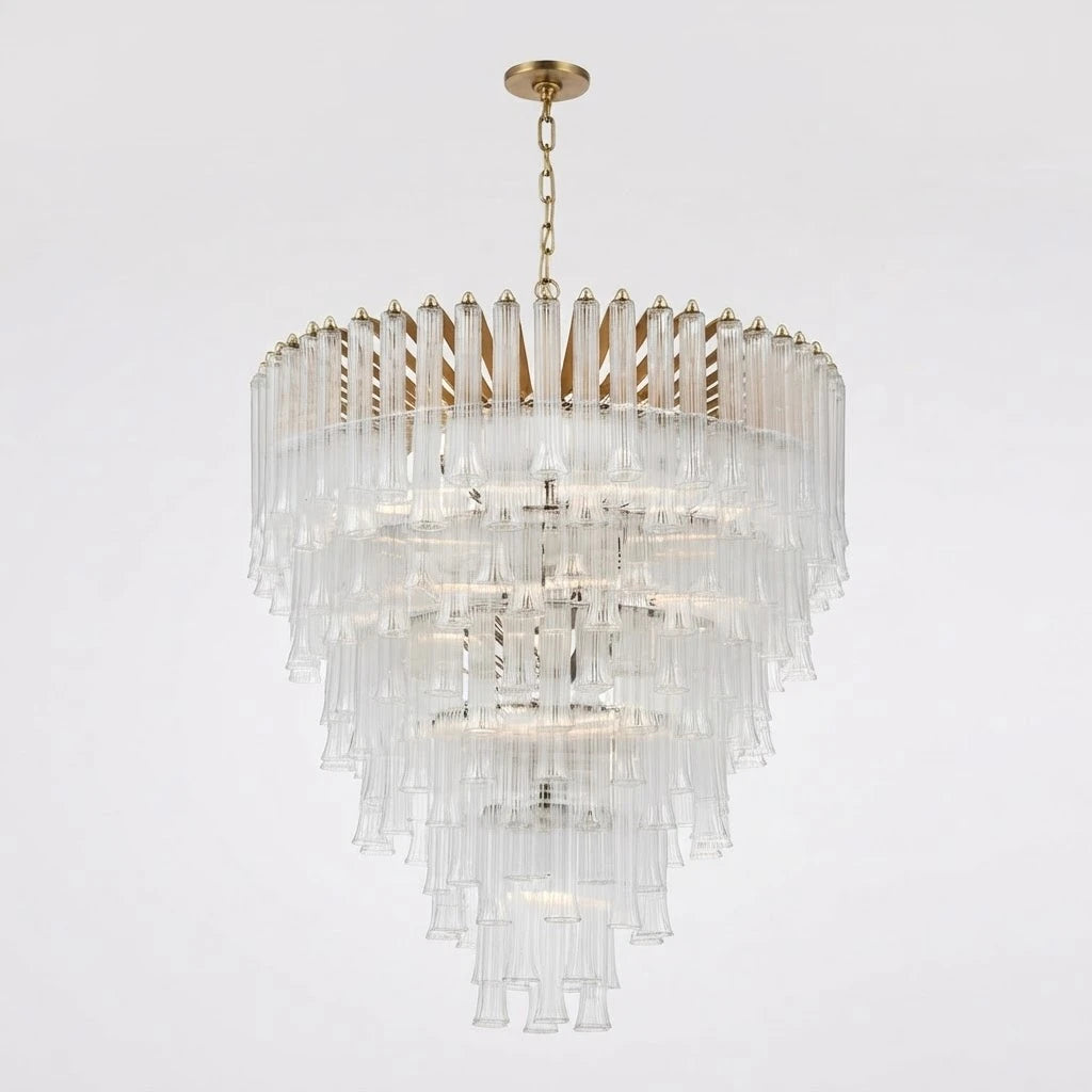 Illuminated Modern Brass Multi-Tier Fluted Art Glass Chandelier Studio Display