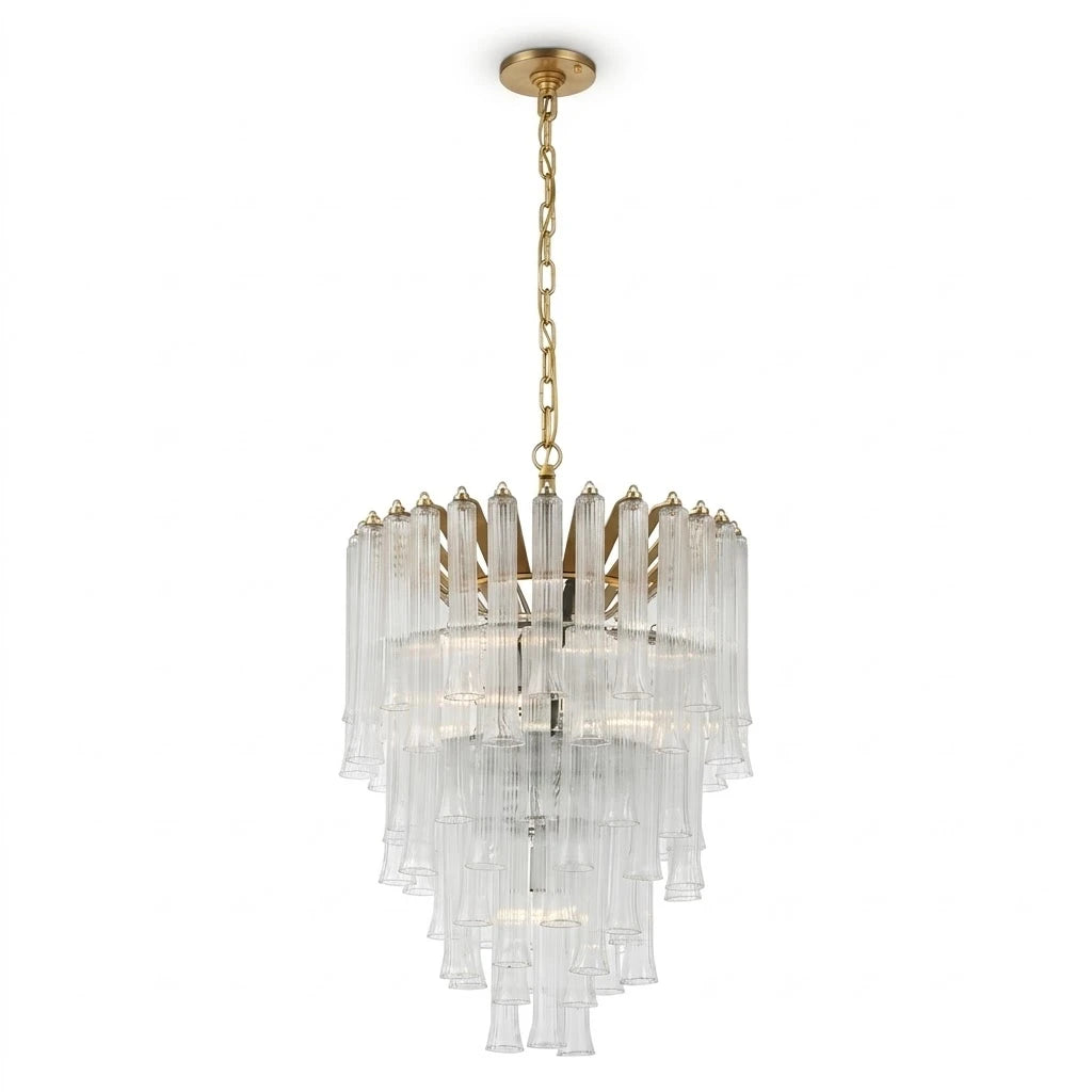 Front View of Modern Medium Multi-Tier Fluted Art Glass Chandelier Studio Shot