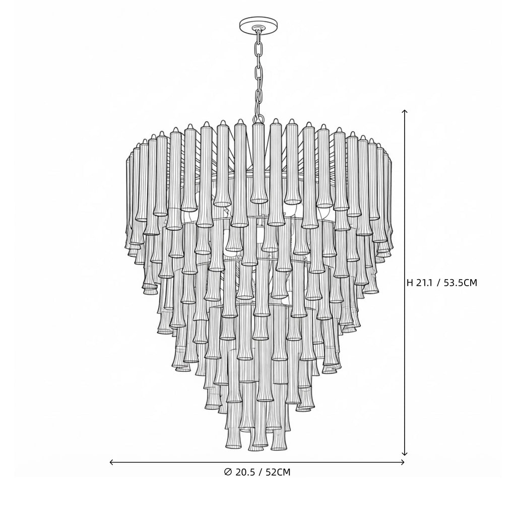 Modern Large Multi-Tier Fluted Art Glass Chandelier Line Art Dimension Diagram