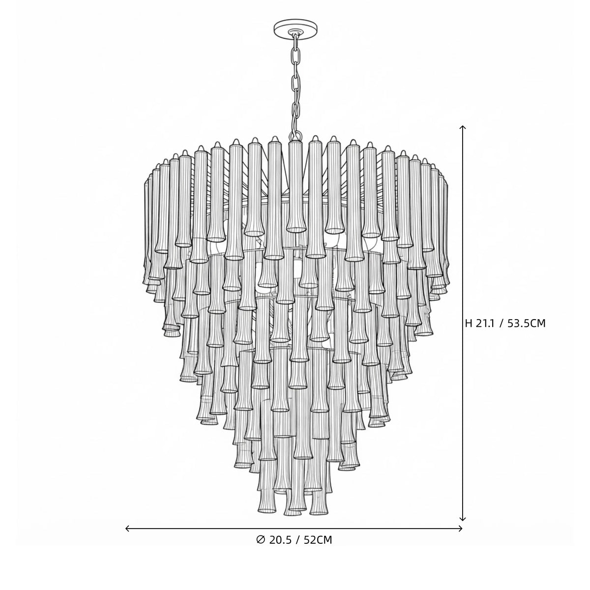 Modern Large Multi-Tier Fluted Art Glass Chandelier Line Art Dimension Diagram