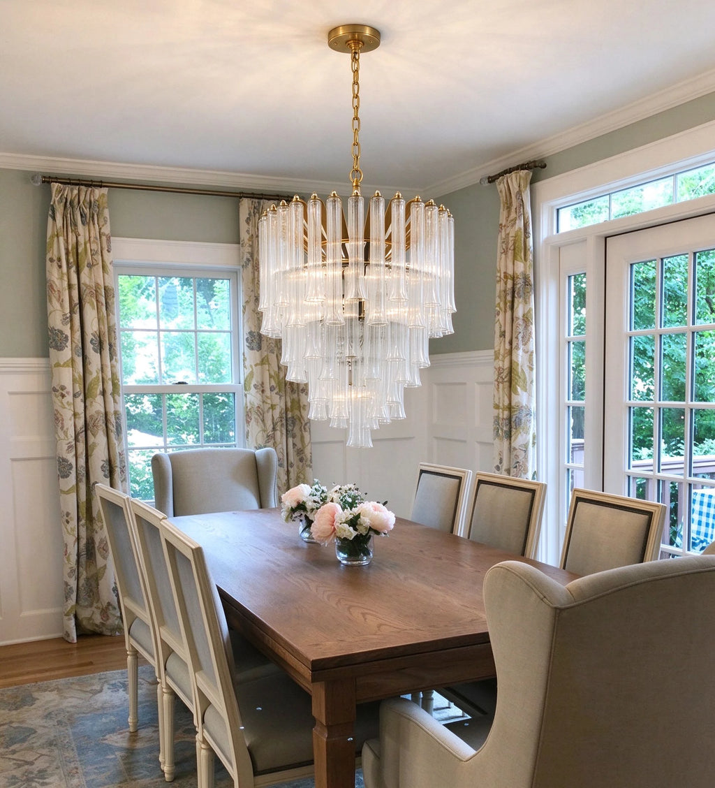 Modern Multi-Tier Fluted Art Glass Chandelier in Formal Dining Room