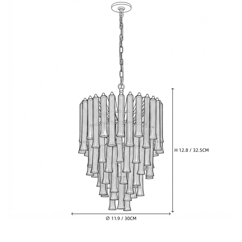 Modern Medium Multi-Tier Fluted Art Glass Chandelier Line Art Dimension Diagram