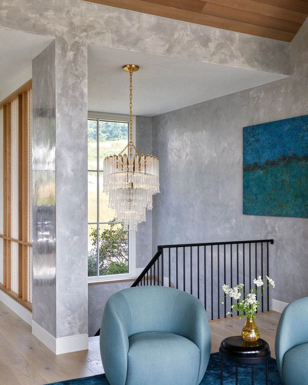 Modern Multi-Tier Fluted Art Glass Chandelier in Grand Hallway Foyer