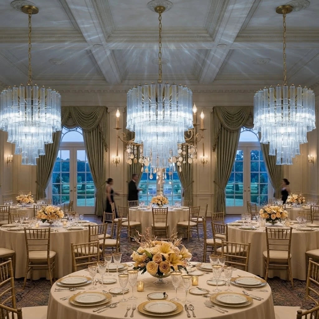 Modern Brass Multi-Tier Chandeliers in Luxury Banquet Hall Setting