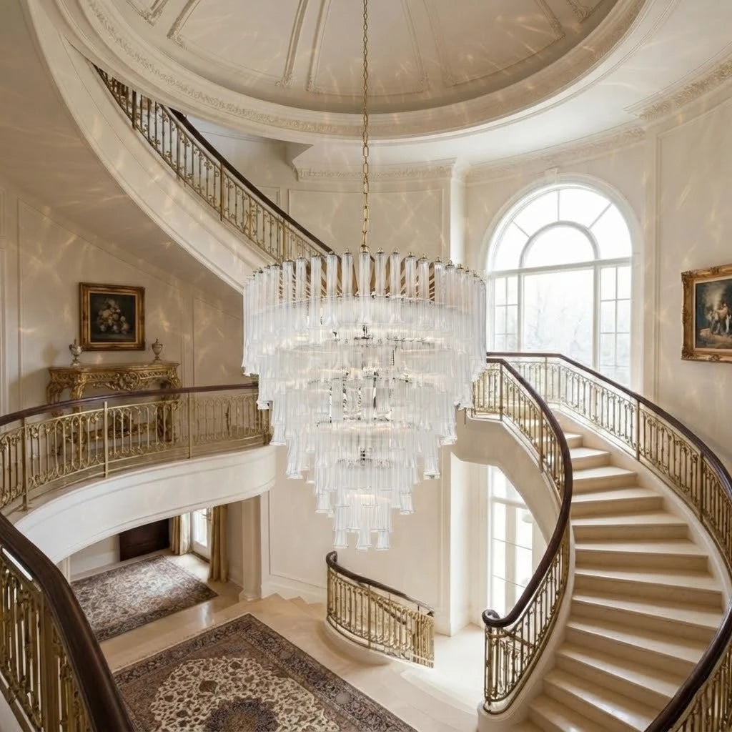 Modern Multi-Tier Fluted Art Glass Chandelier in Grand Staircase Foyer