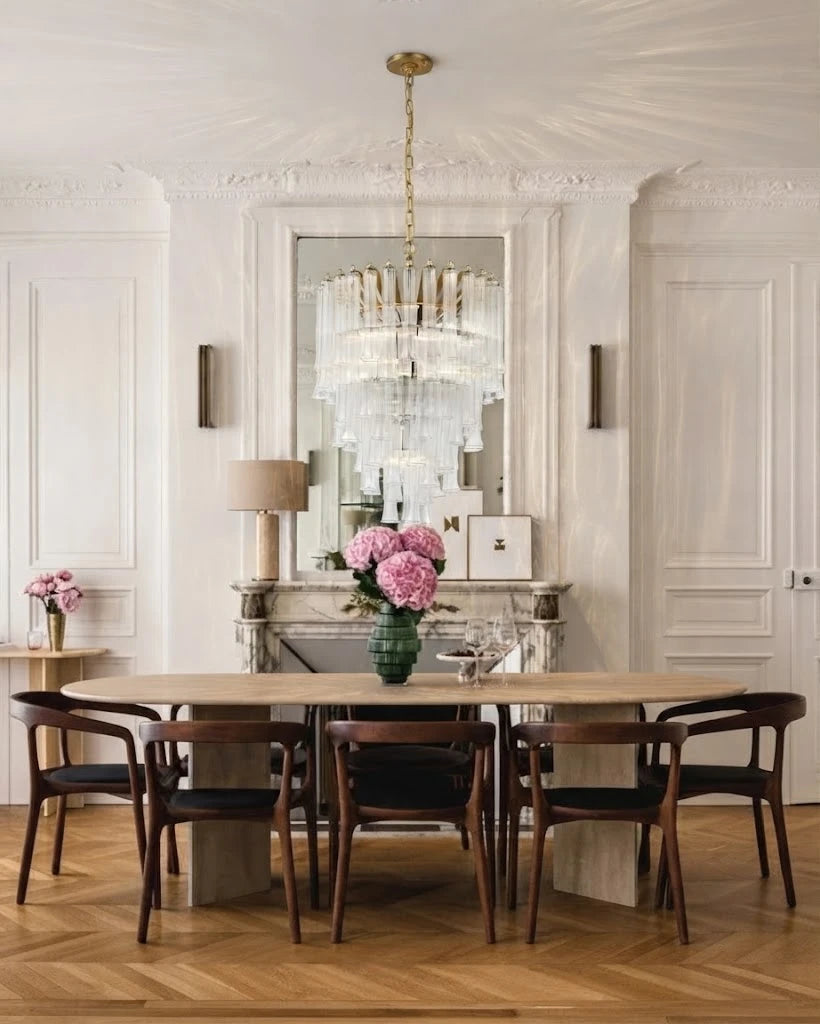 Modern Brass Multi-Tier Chandelier in Elegant Dining Space
