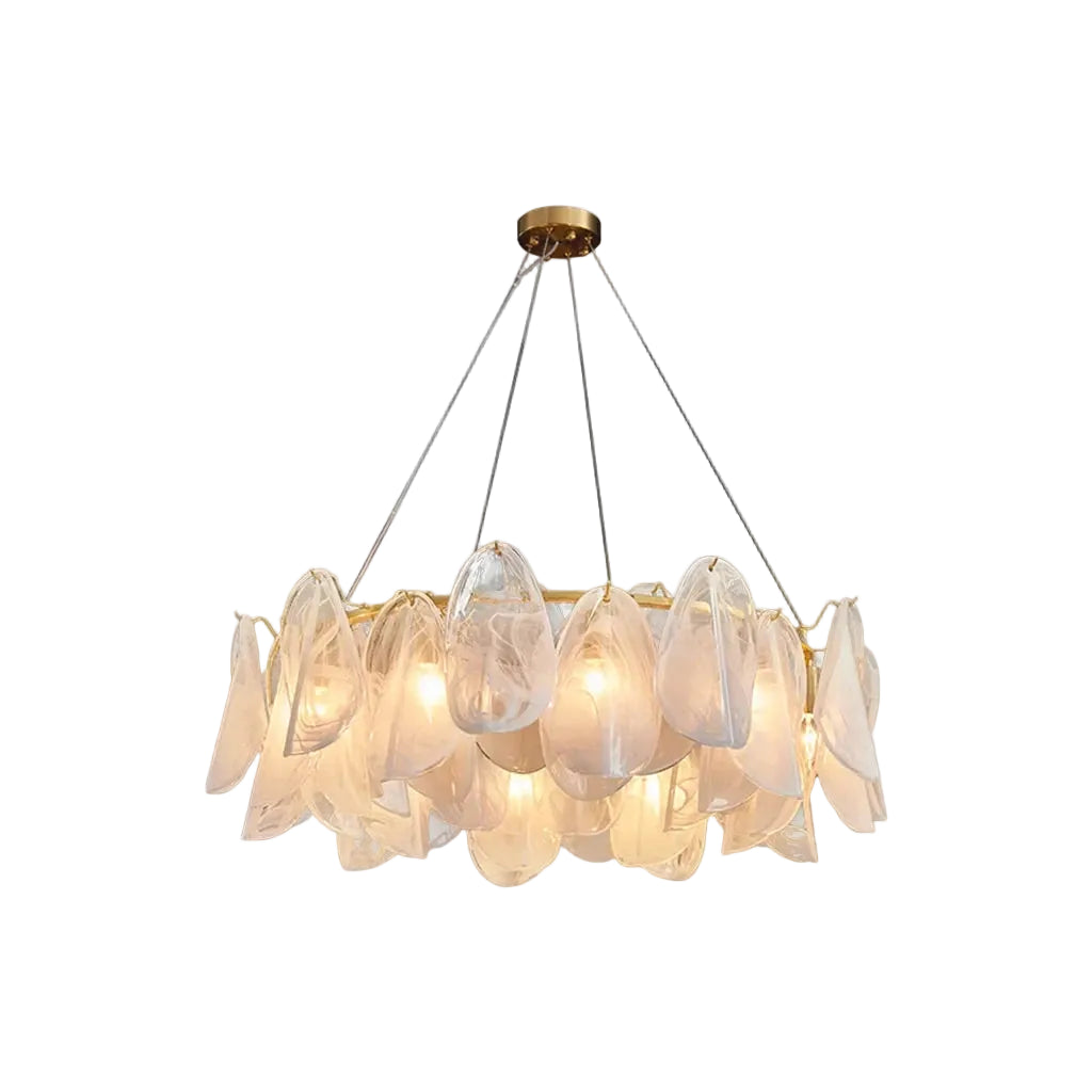 Modern Brass and Crystal Irregular Disc Art Glass Chandelier with Gold Canopy on Pure White Background