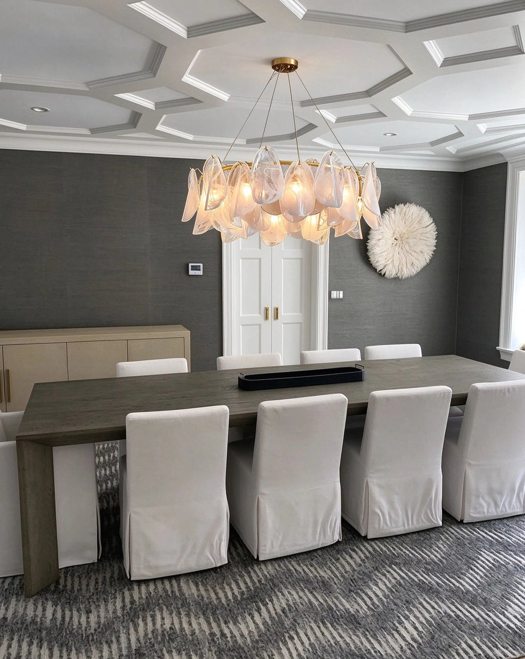 Modern Brass Crystal Irregular Disc Chandelier in Luxury Dining Area