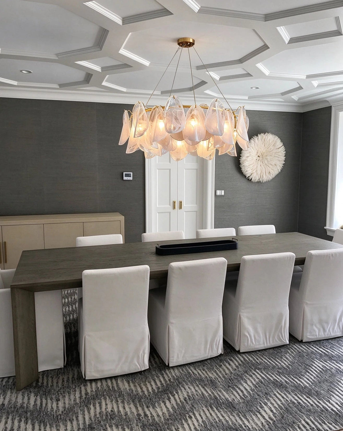 Modern Brass Crystal Irregular Disc Chandelier in Luxury Dining Area