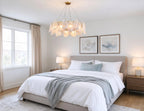 Modern Crystal Irregular Disc Art Glass Chandelier in Cozy Bedroom Interior