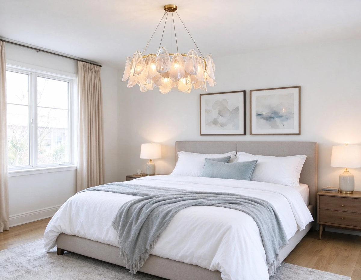 Modern Crystal Irregular Disc Art Glass Chandelier in Cozy Bedroom Interior