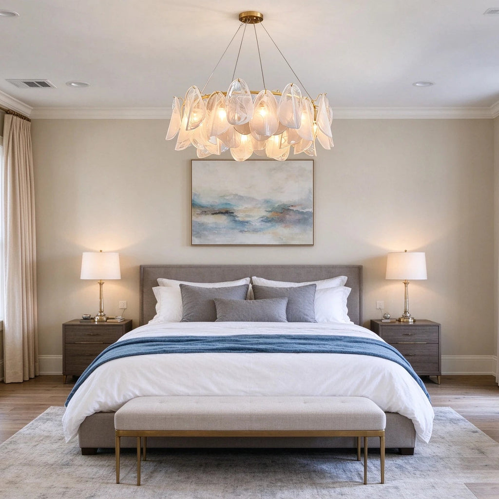 Modern Brass Crystal Irregular Disc Chandelier in Elegant Bedroom