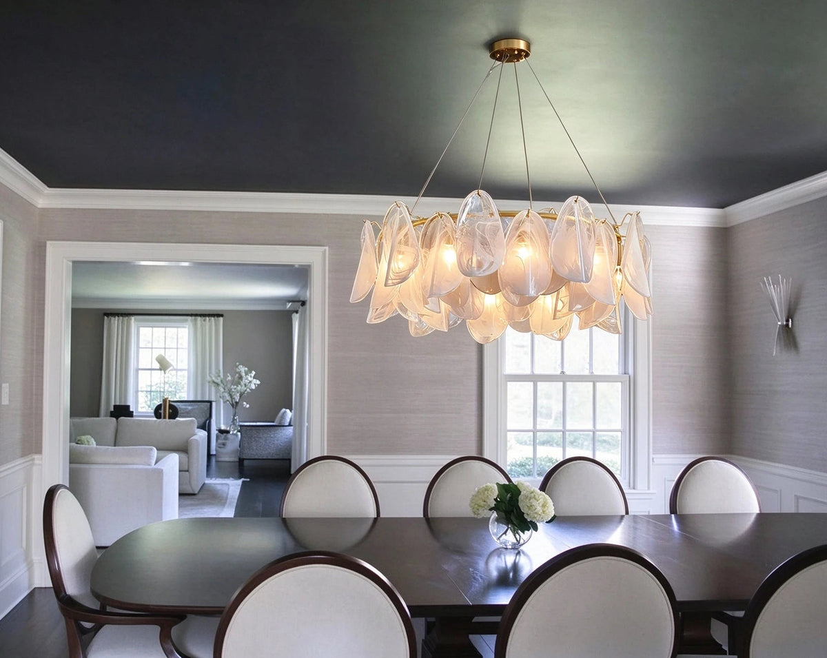 Modern Crystal Irregular Disc Art Glass Chandelier in Contemporary Dining Space
