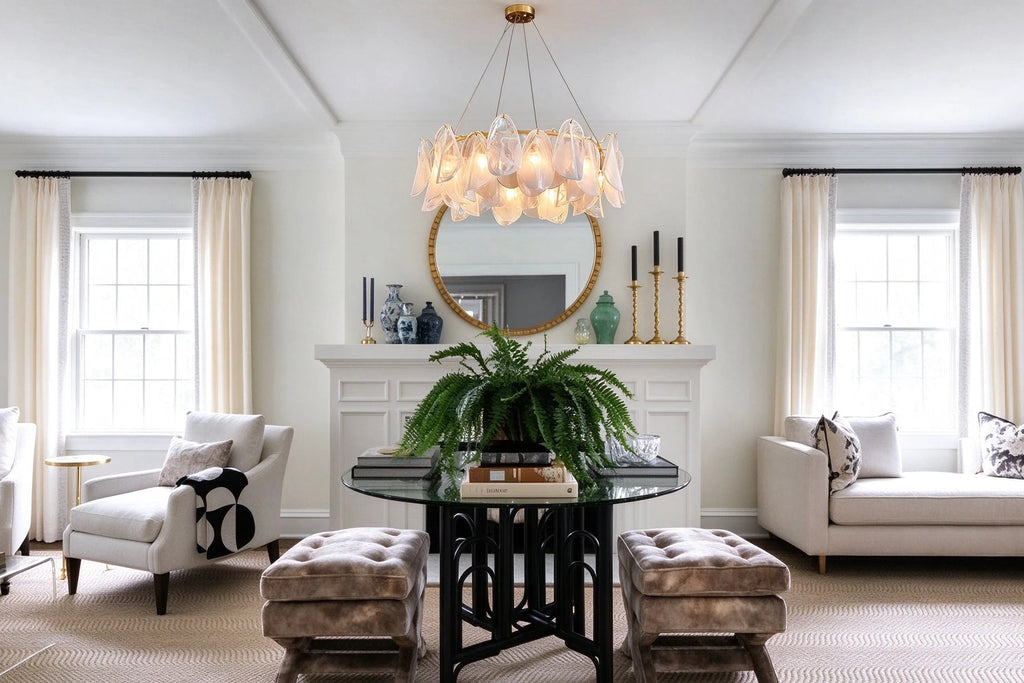 Modern Brass Crystal Irregular Disc Chandelier in Bright Living Room