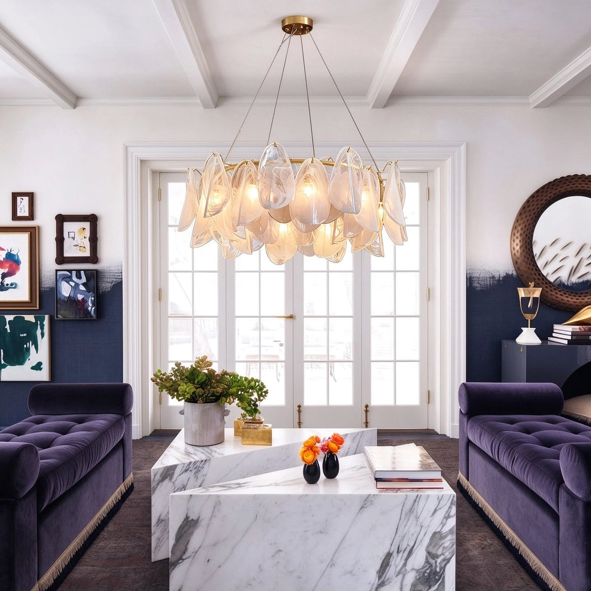 Modern Crystal Irregular Disc Art Glass Chandelier in Formal Living Room