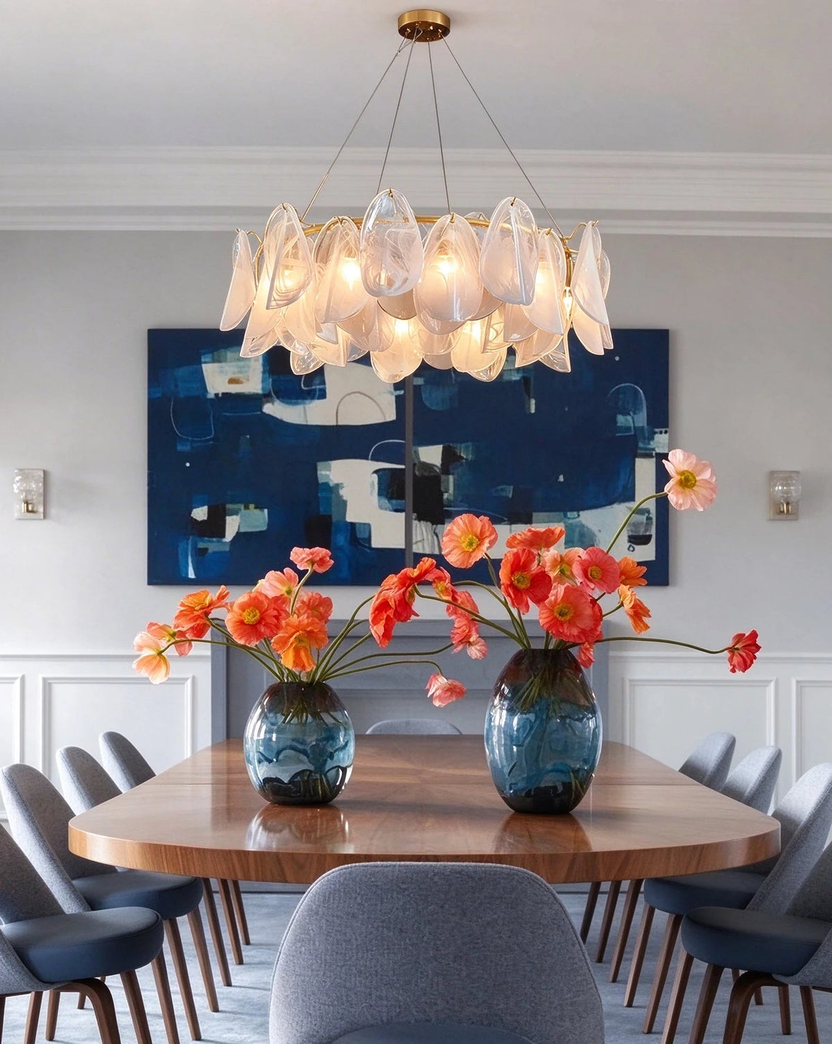 Modern Brass Crystal Irregular Disc Chandelier in Elegant Dining Setting
