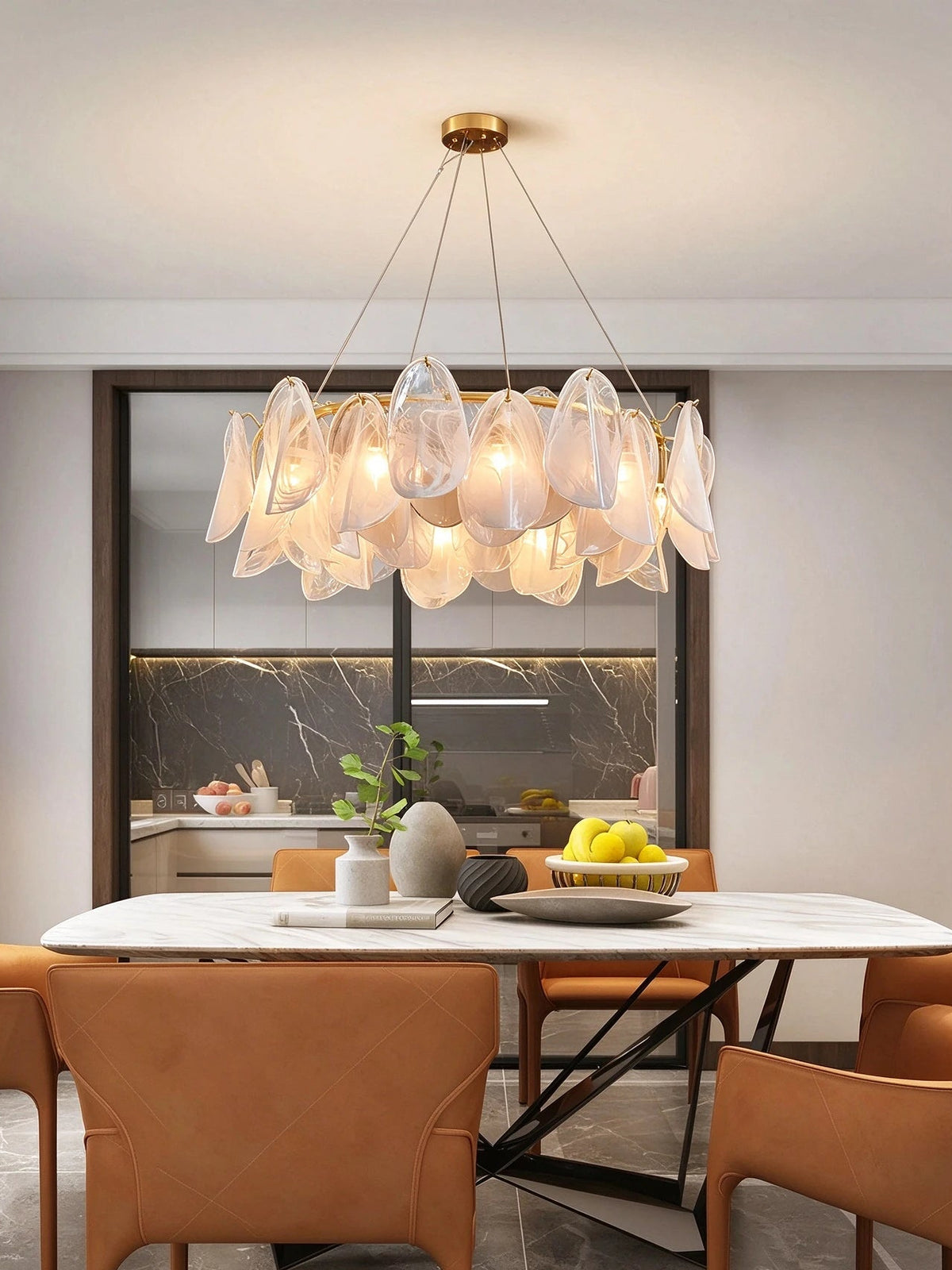 Modern Crystal Irregular Disc Art Glass Chandelier in Cozy Dining Space