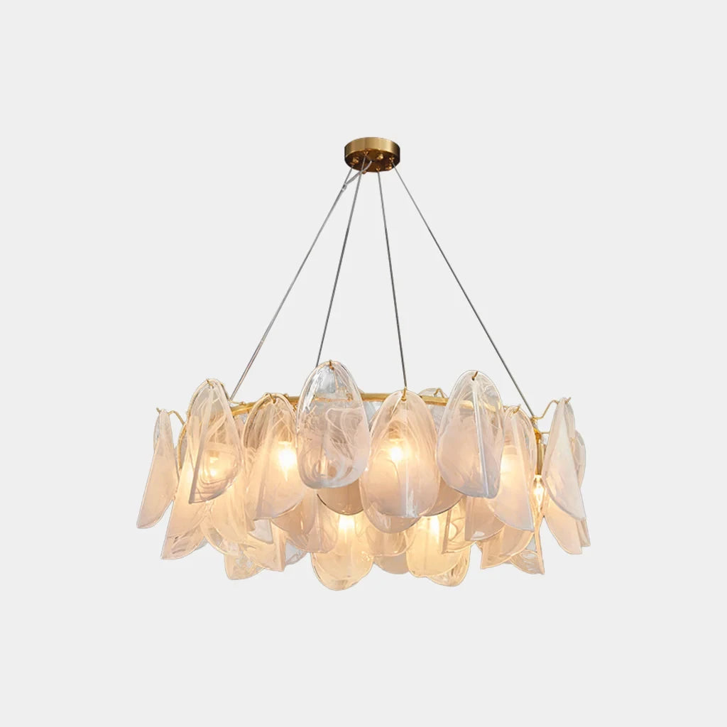 Upward View of Illuminated Modern Brass Crystal Irregular Disc Chandelier Studio Shot