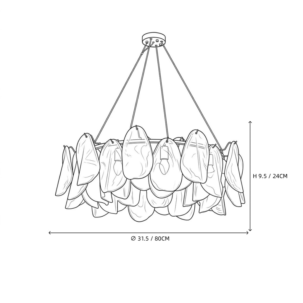 Modern Crystal Irregular Disc Art Glass Chandelier Line Art Dimension Diagram