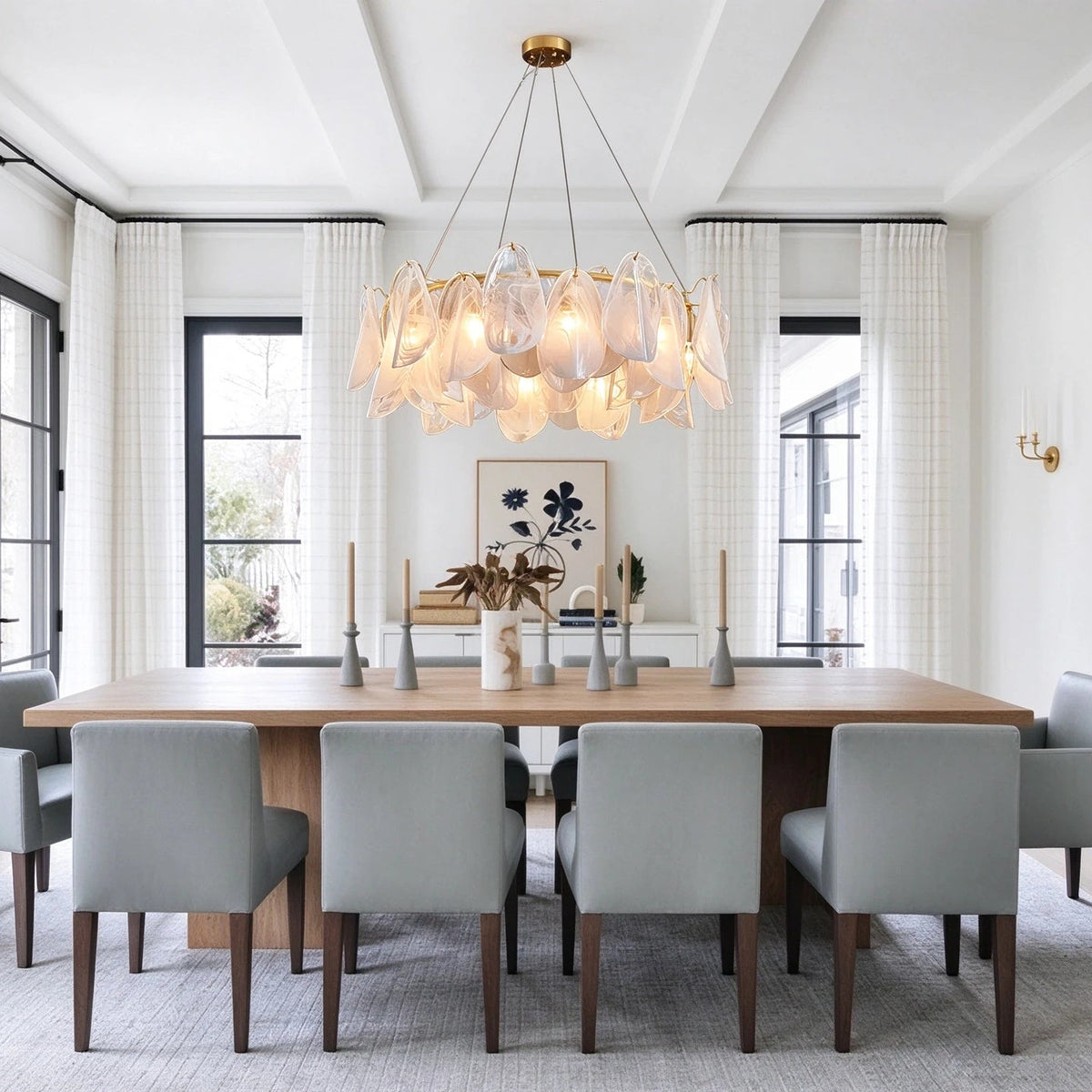 Modern Crystal Irregular Disc Art Glass Chandelier in Formal Dining Room