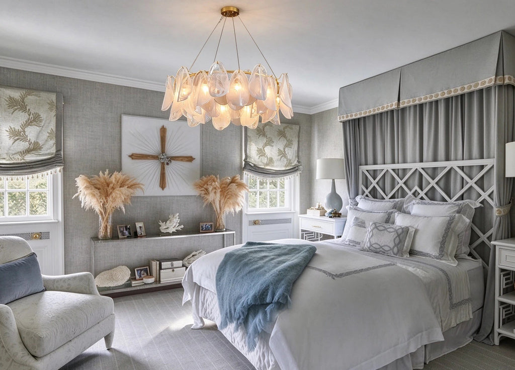 Modern Brass Crystal Irregular Disc Chandelier in Master Bedroom Setting