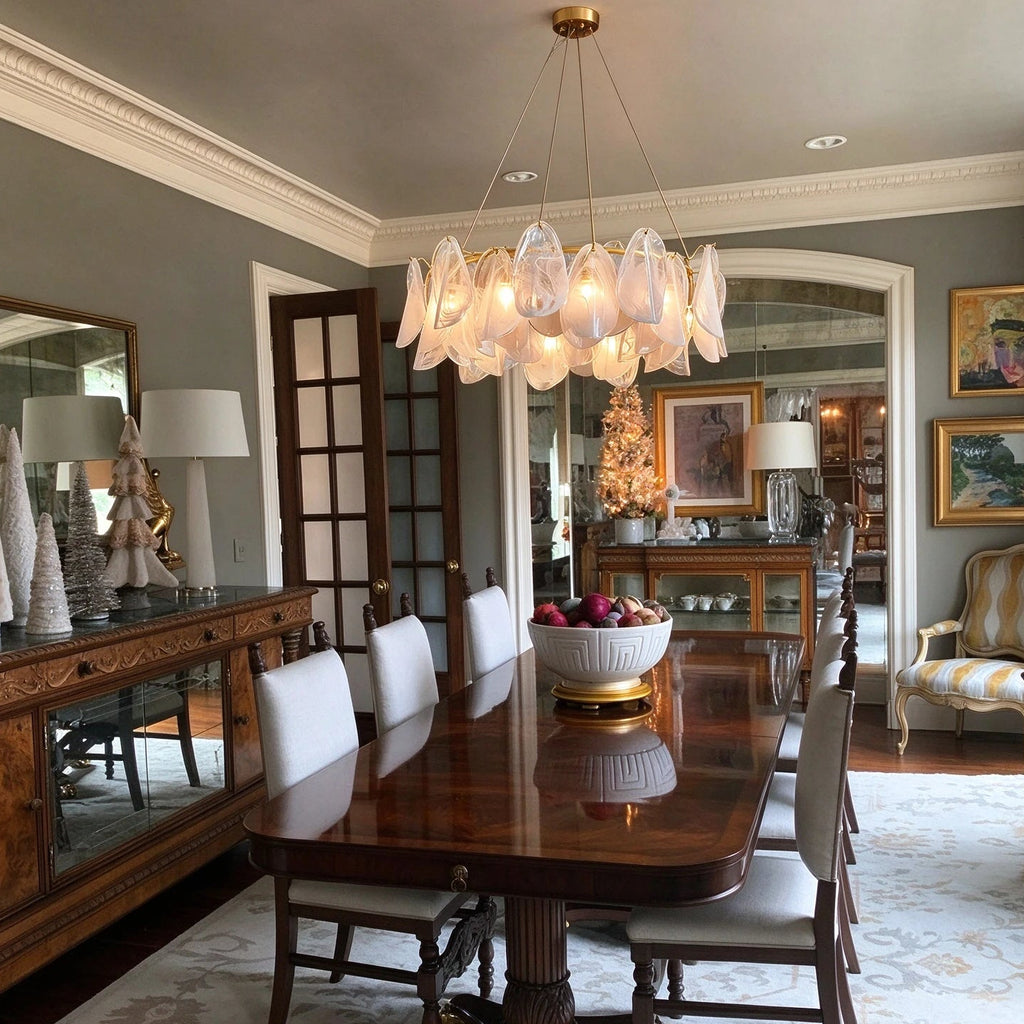 Modern Crystal Irregular Disc Art Glass Chandelier in Classic Dining Setting