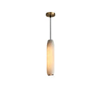 Modern Cylindrical Alabaster Art Glass Pendant Light with Brass Hardware on Pure White Background