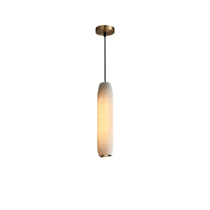Modern Cylindrical Alabaster Art Glass Pendant Light with Brass Hardware on Pure White Background
