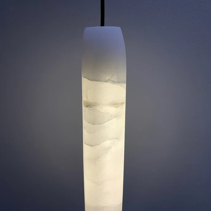Front View of Illuminated Modern Cylindrical Alabaster Pendant Light
