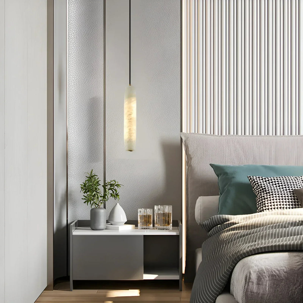 Modern Art Glass Pendant Light in Contemporary Bedroom Interior