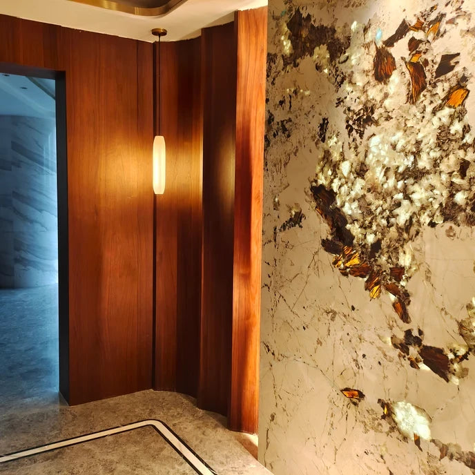 Modern Alabaster Art Glass Pendant Light in Hallway Corner
