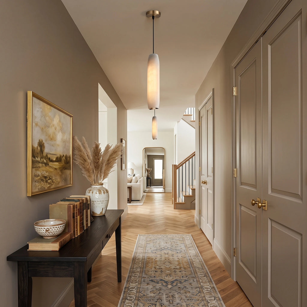 Modern Cylindrical Alabaster Pendant Lights Along Hallway Corridor