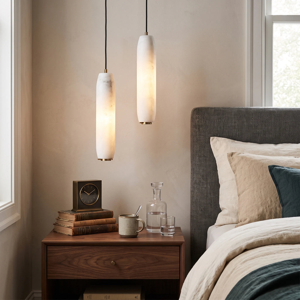 Modern Cylindrical Alabaster Art Glass Pendant Lights in Master Bedroom