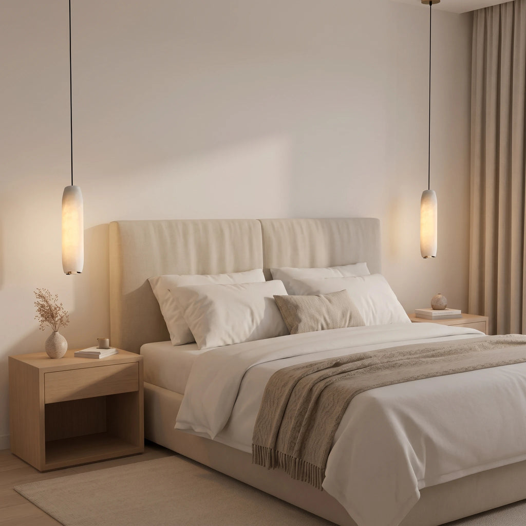 Modern Alabaster Pendant Light Over Bedroom Bedside