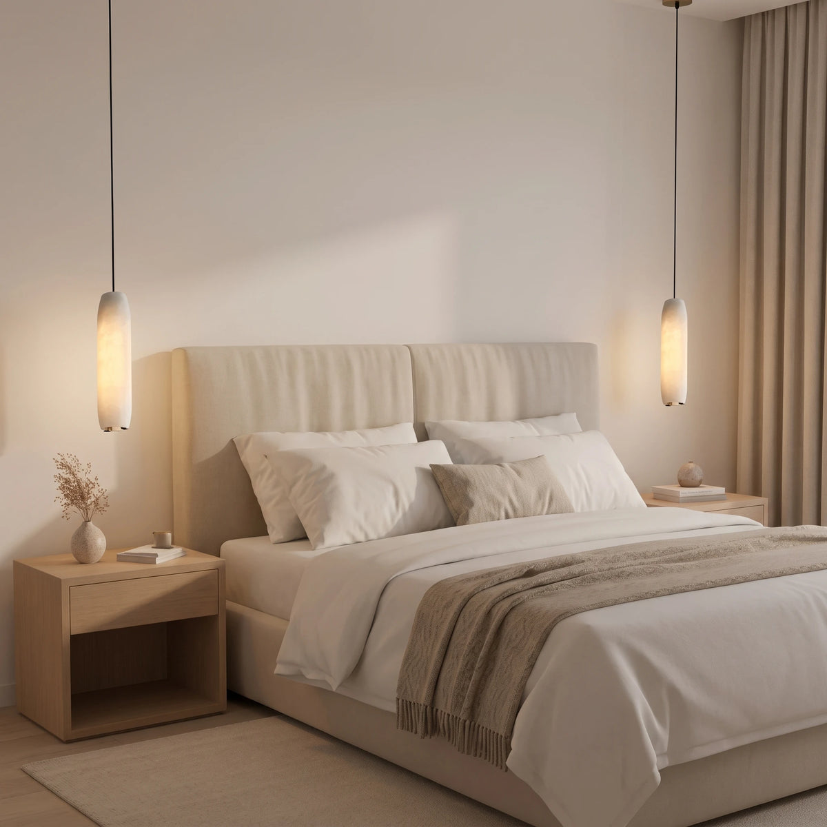 Modern Alabaster Pendant Light Over Bedroom Bedside