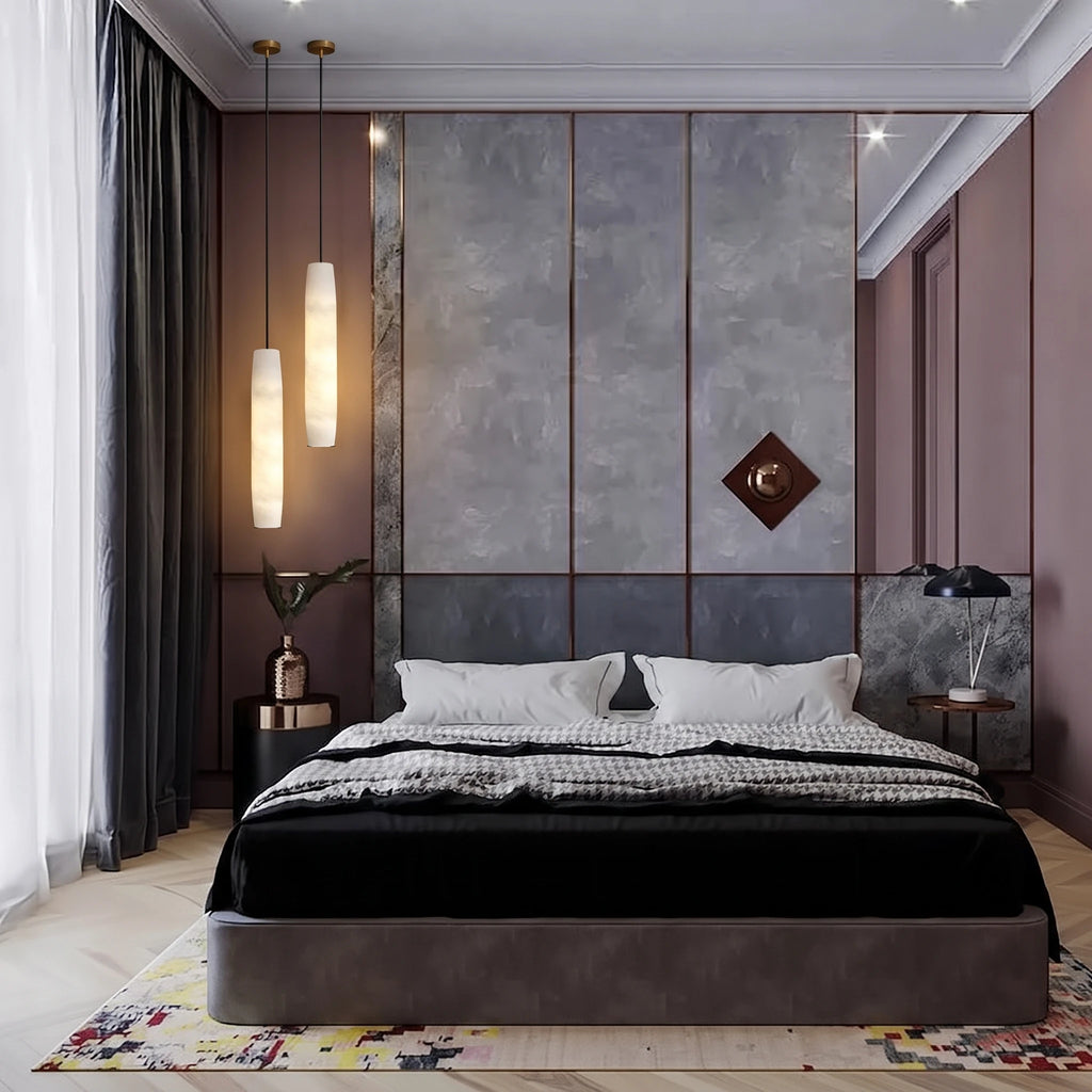 Modern Cylindrical Alabaster Pendant Lights in Luxury Master Bedroom