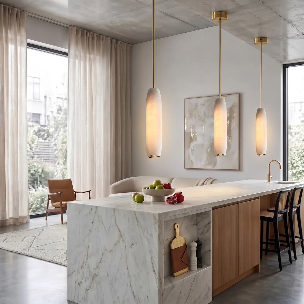 Modern Alabaster Art Glass Pendant Lights Over Kitchen Island