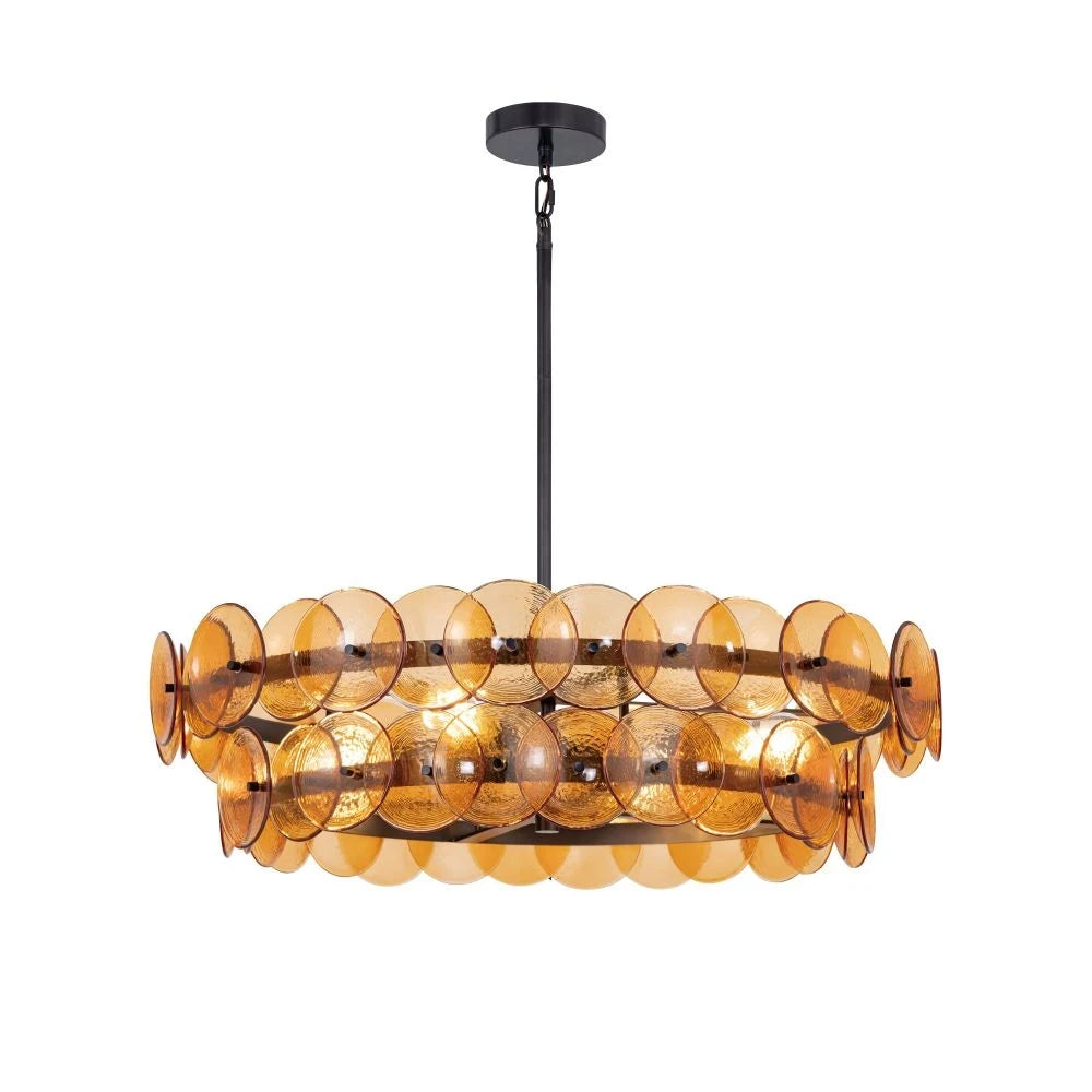 Modern Amber and Antique Brass Round Disc Art Glass Semi-Flush Mount Chandelier with Black Canopy on Pure White Background