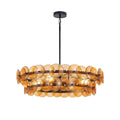 Modern Amber and Antique Brass Round Disc Art Glass Semi-Flush Mount Chandelier with Black Canopy on Pure White Background