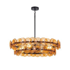 Modern Amber and Antique Brass Round Disc Art Glass Semi-Flush Mount Chandelier with Black Canopy on Pure White Background