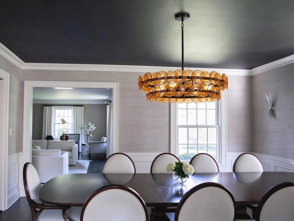 Modern Amber Round Disc Art Glass Chandelier in Luxury Dining Room