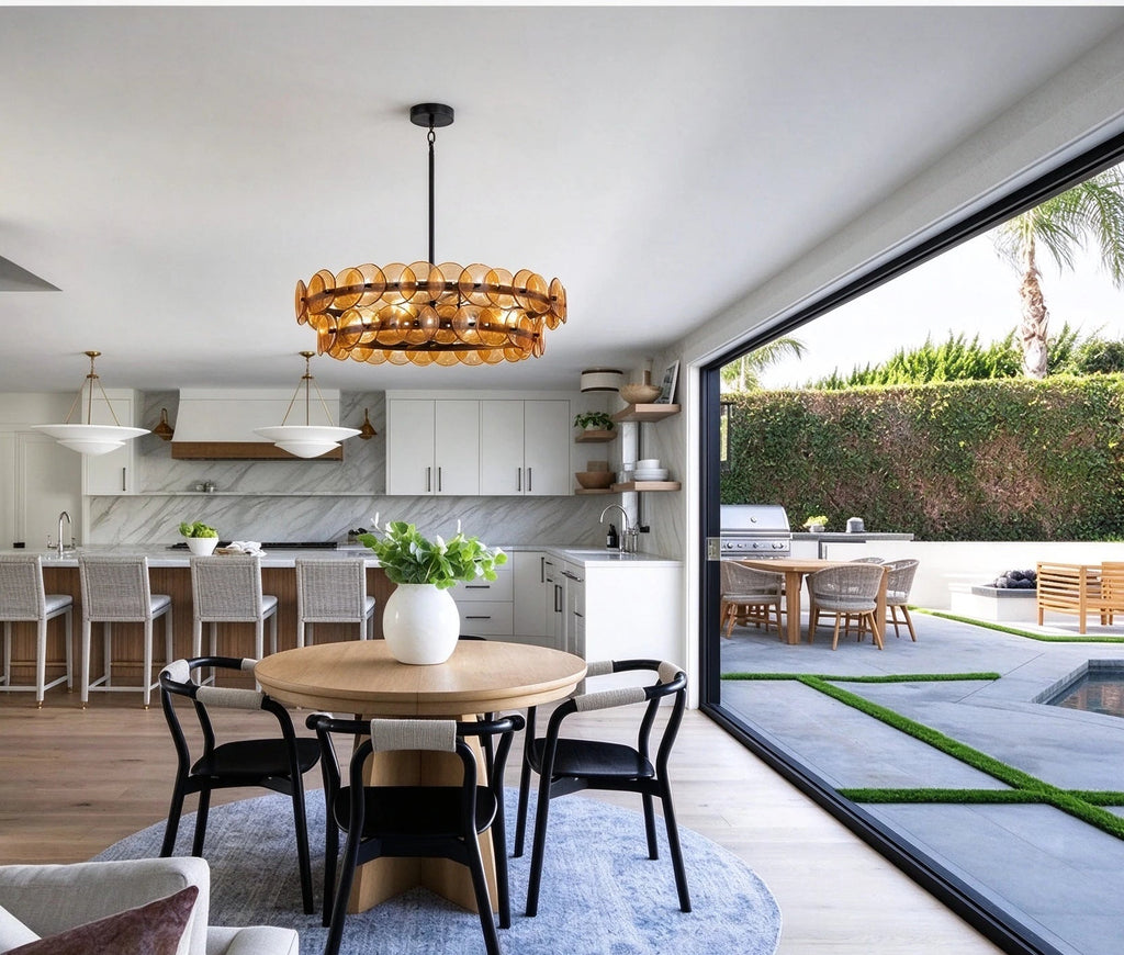 Modern Antique Brass Amber Disc Chandelier in Open Plan Kitchen Dining Area