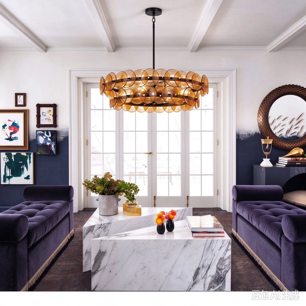 Modern Antique Brass Amber Disc Chandelier in Formal Living Room